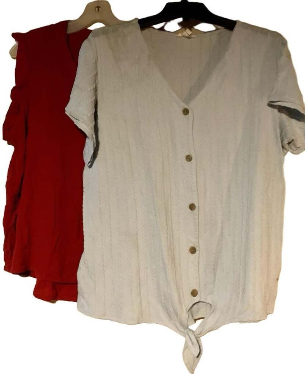 2 Women’s Solid Blouses: Light Blue Button Front Tie Hem + Red V-Neck Sleeveless